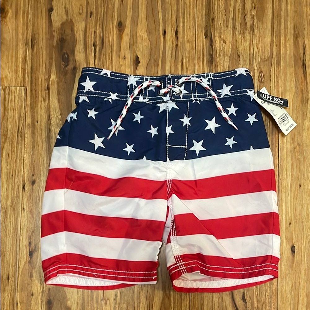 Boys American Flag Swim Trunks - Navy, Red, White